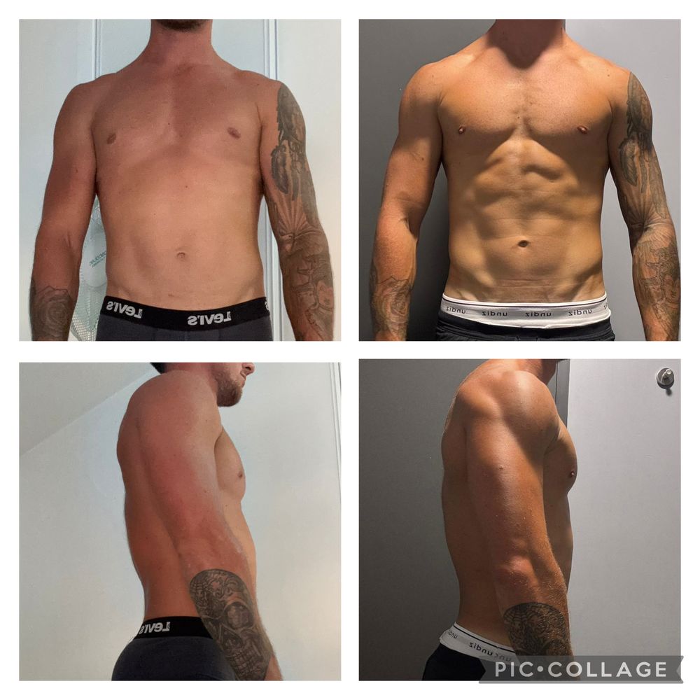 Montage avant / après d'un élève coaché par MES NUTRITION, photos de face et de profil