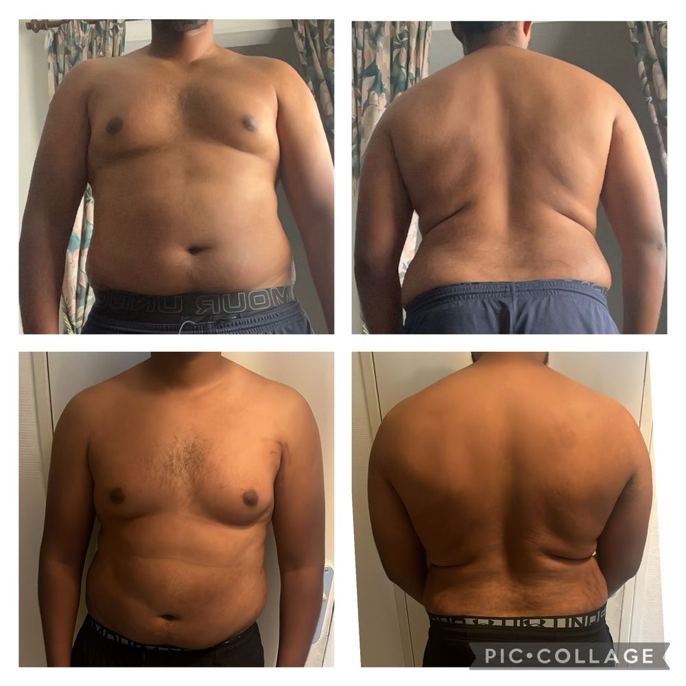 Montage avant / après d'un élève coaché par MES NUTRITION, photos de face et de dos