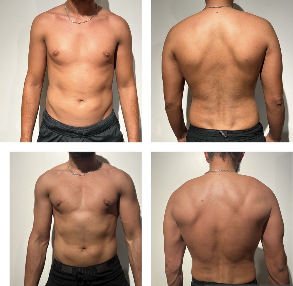 Montage avant / après d'un élève coaché par MES NUTRITION, photos de face et de dos
