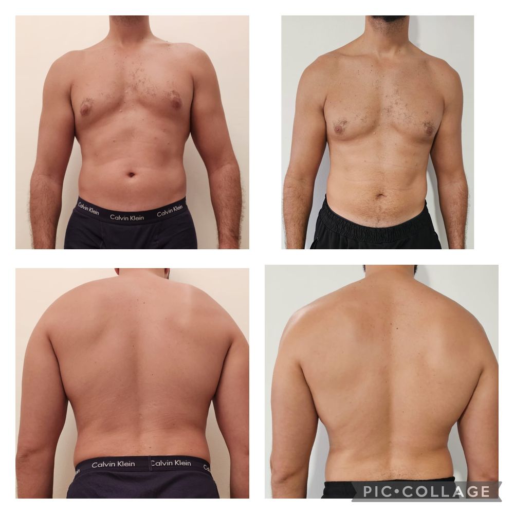 Montage avant / après d'un élève coaché par MES NUTRITION, photos de face et de dos