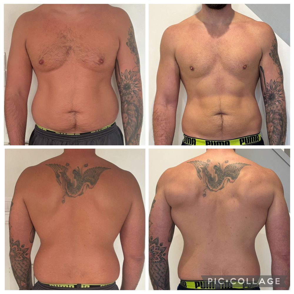 Montage avant / après d'un élève coaché par MES NUTRITION, photos de face et de dos