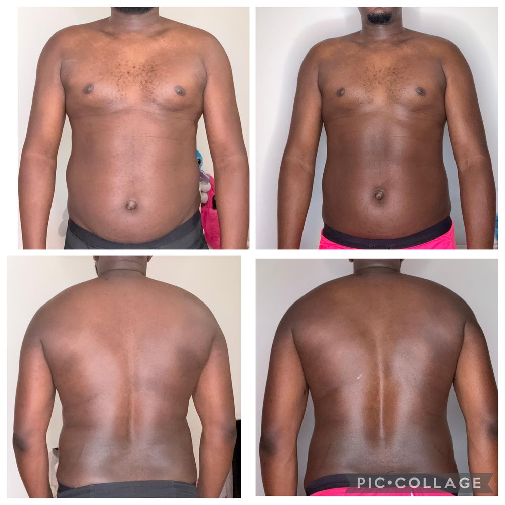 Montage avant / après d'un élève coaché par MES NUTRITION, photos de face et de dos
