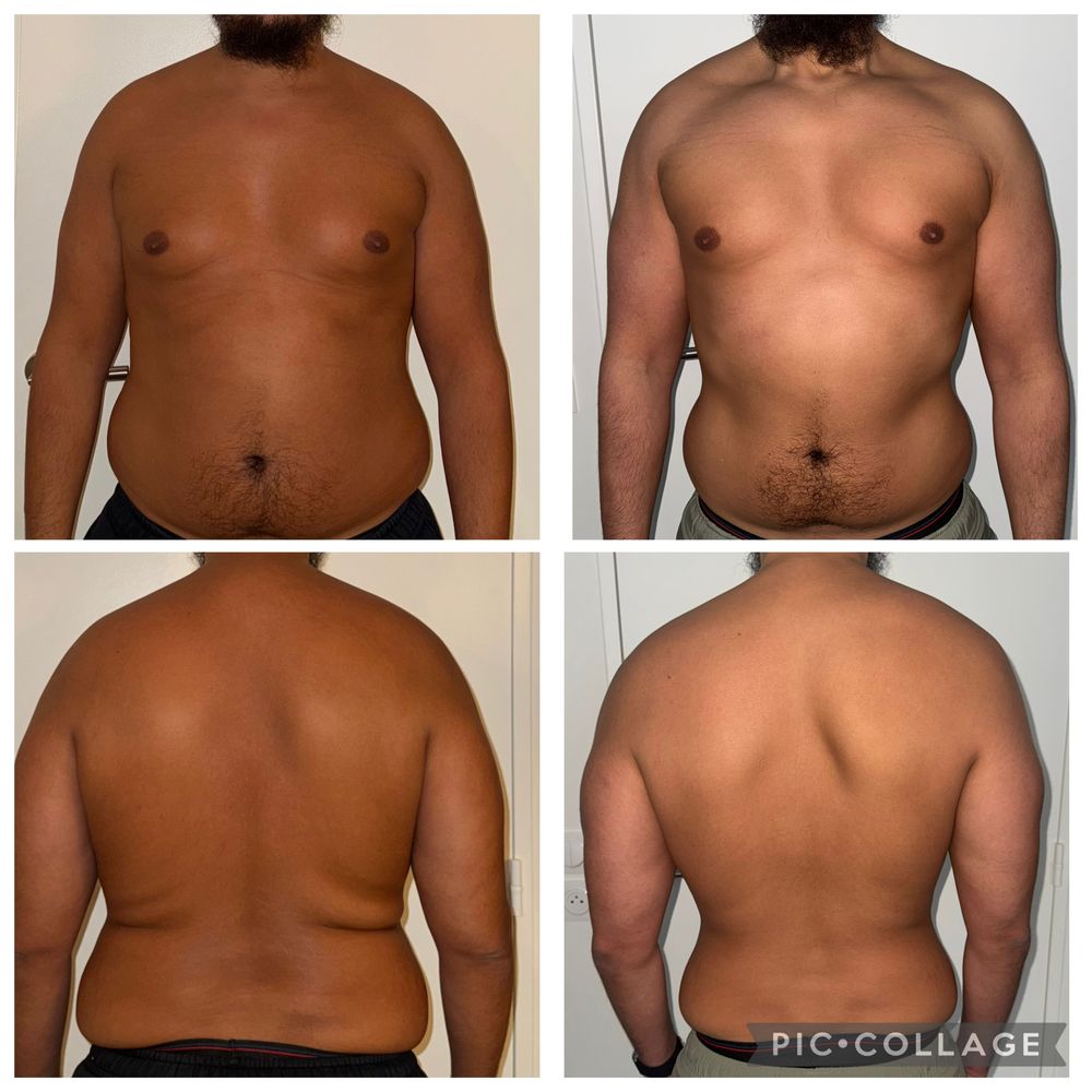 Montage avant / après d'un élève coaché par MES NUTRITION, photos de face et de dos