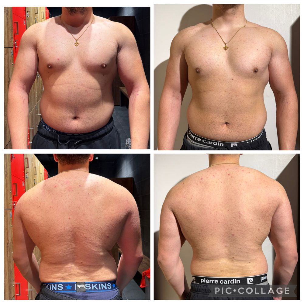Montage avant / après d'un élève coaché par MES NUTRITION, photos de face et de dos