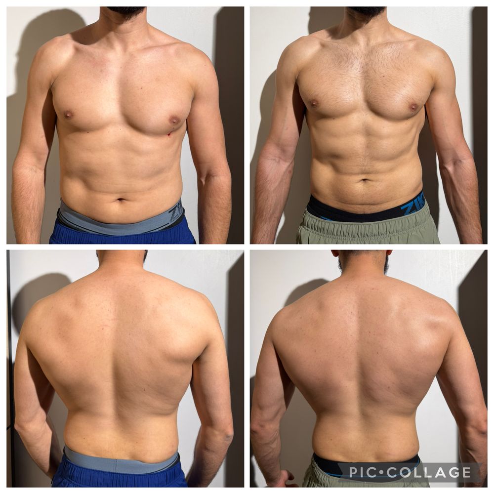 Montage avant / après d'un élève coaché par MES NUTRITION, photos de face et de dos