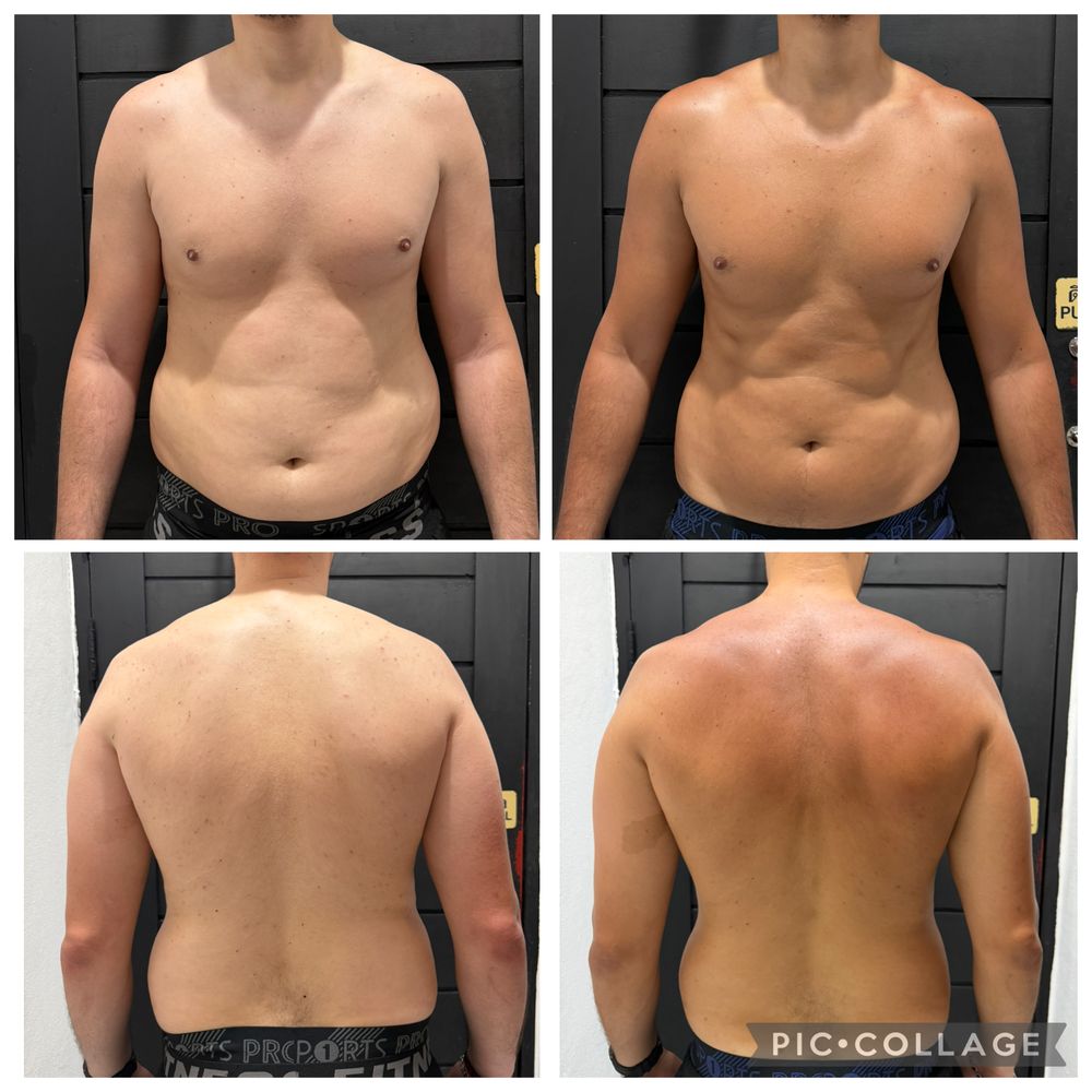 Montage avant / après d'un élève coaché par MES NUTRITION, photos de face et de dos