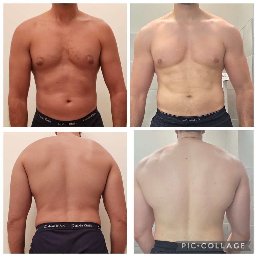 Montage avant / après d'un élève coaché par MES NUTRITION, photos de face et de dos