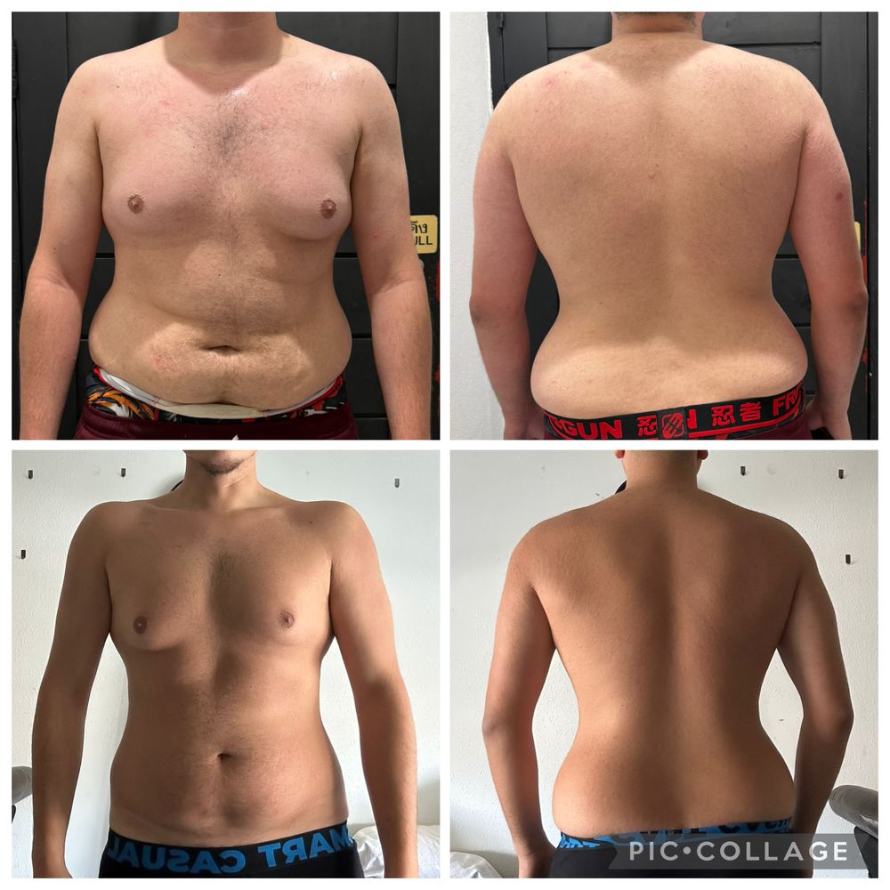 Montage avant / après d'un élève coaché par MES NUTRITION, photos de face et de dos
