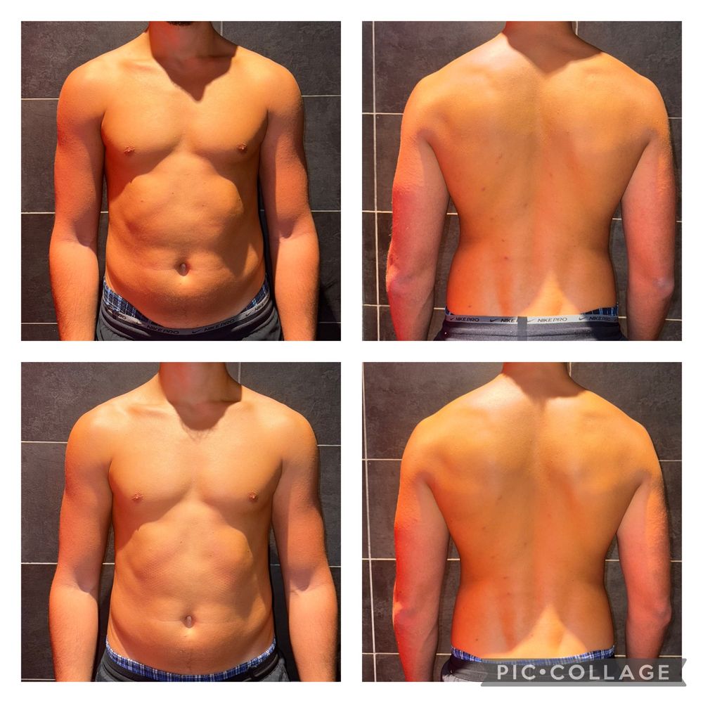 Montage avant / après d'un élève coaché par MES NUTRITION, photos de face et de dos