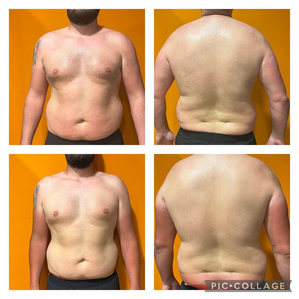 Montage avant / après d'un élève coaché par MES NUTRITION, photos de face et de dos