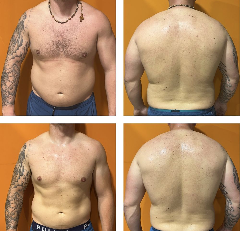 Montage avant / après d'un élève coaché par MES NUTRITION, photos de face et de dos