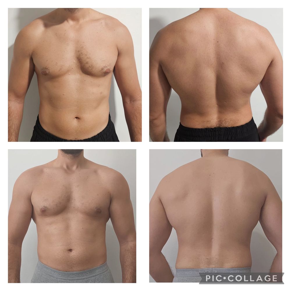 Montage avant / après d'un élève coaché par MES NUTRITION, photos de face et de dos