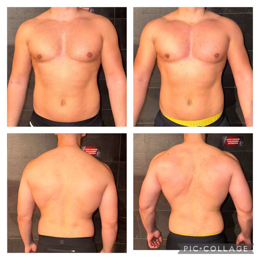 Montage avant / après d'un élève coaché par MES NUTRITION, photos de face et de dos