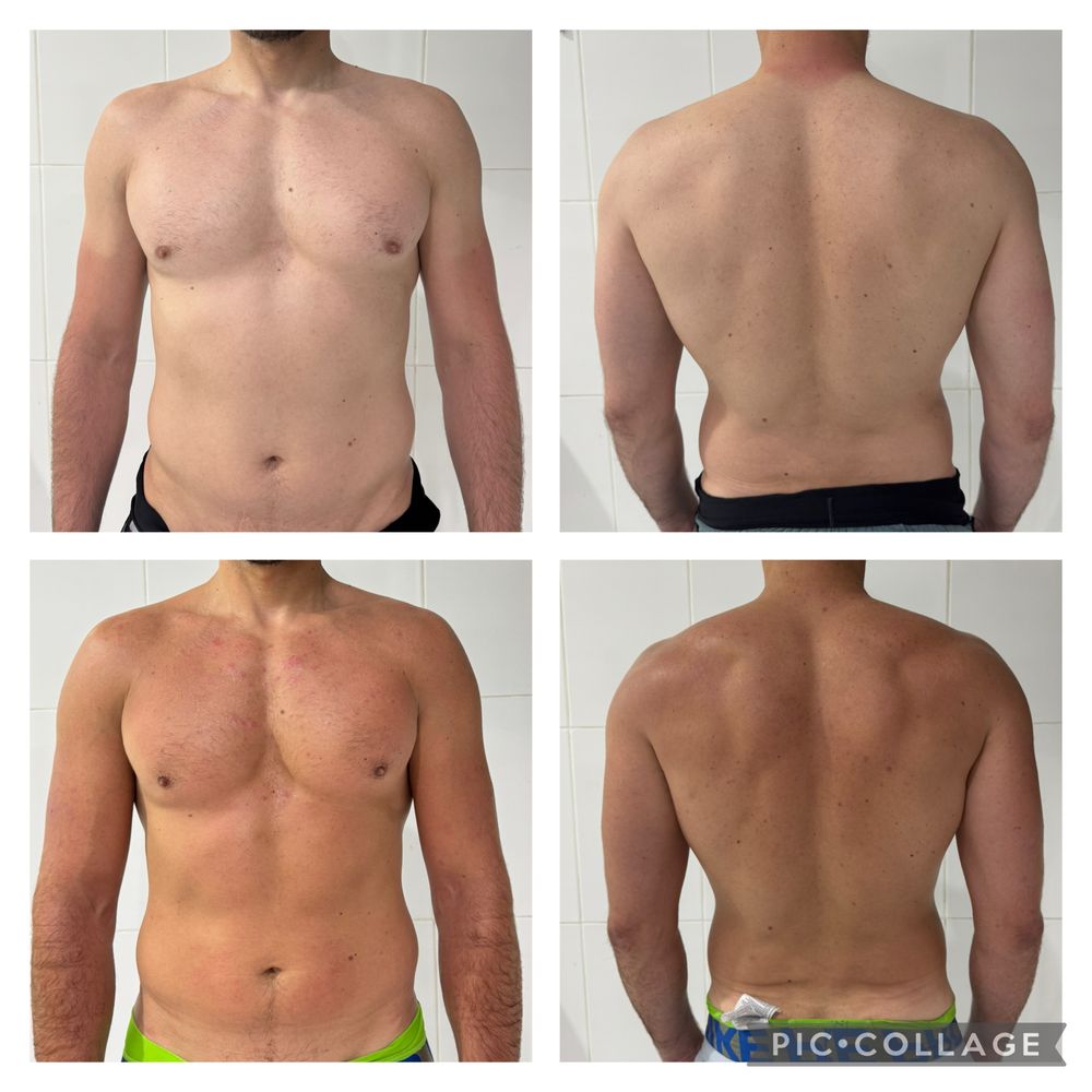 Montage avant / après d'un élève coaché par MES NUTRITION, photos de face et de dos